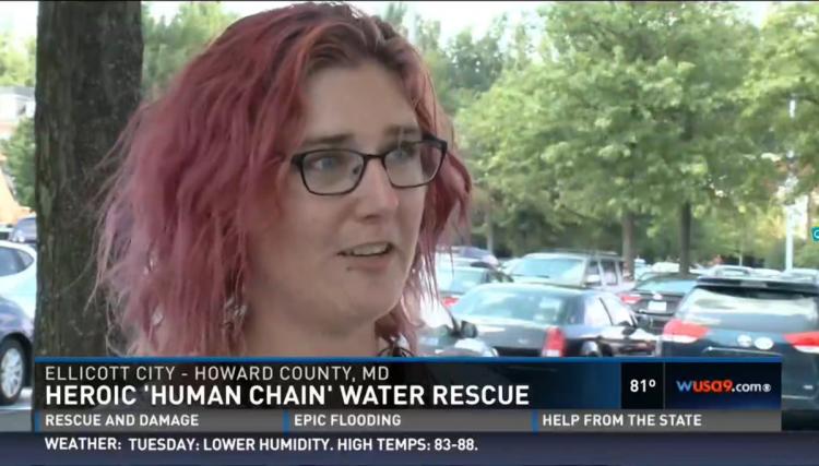 Jamie Knight 29 was seen in footage getting rescued by heroic local residents who formed a human chain on the flooded Main St. on Saturday night