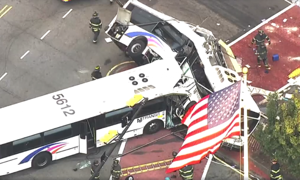 Two New Jersey Transit buses are seen after a deadly crash in Newark on Aug. 19 2016