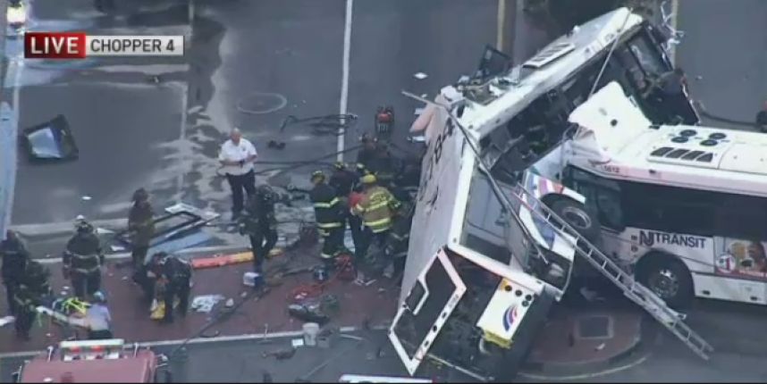 Two New Jersey Transit buses collided in a t-bone crash in Newark Friday morning