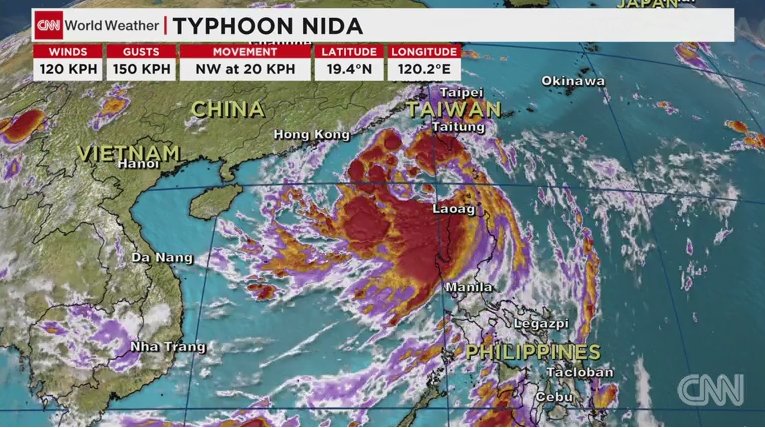 Over 120 flights to and from Hong Kong have been canceled as Typhoon Nida barrels toward the city and southern China after battering the Philippines over the weekend. Nida is generating winds up to 150 kilometers per hour as it moves