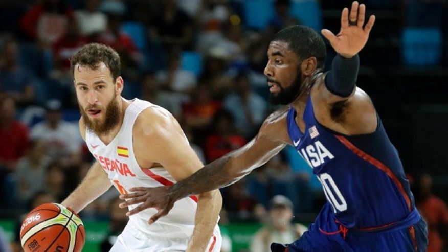 Spain's Sergio Rodriguez left drives up court past United States&#x27 Kyrie Irving right during a semifinal round basketball game at the 2016 Summer Olympics in Rio de Janeiro Brazil Friday Aug. 19 2016