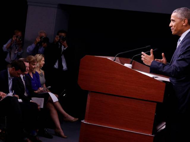 U.S. President Barack Obama holds a news conference at the Pentagon in Arlington Virginia