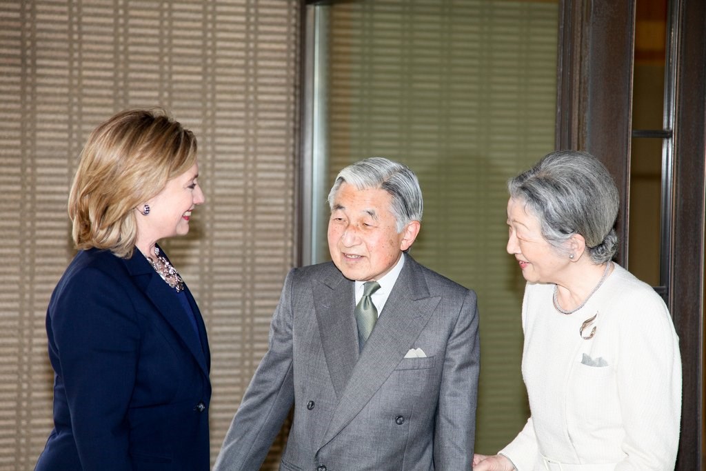 U.S. Secretary of State Hillary is greeted by Japanese Emperor Akihito and Empress Michiko at the Imperial Palace in Tokyo Japan