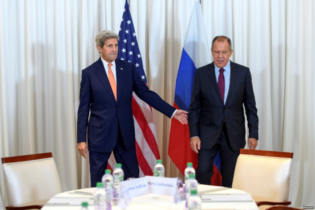 U.S. Secretary of State John Kerry and Russian Foreign Minister Sergei Lavrov at a meeting on the Syrian crisis in Geneva