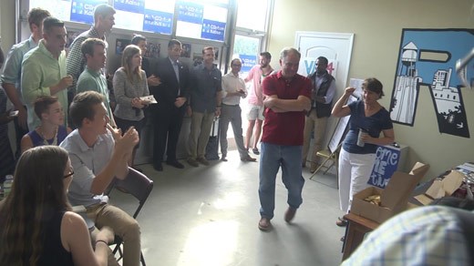 U.S. Senator Tim Kaine and his wife Anne Holton talking with supporters at Hillary Clinton campaign office in Richmond