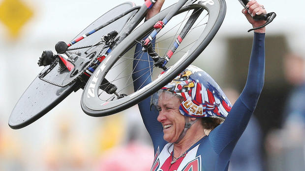 U.S. cyclist Kristin Armstrong celebrates after winning a gold medal on Wednesday in Rio de Janeiro