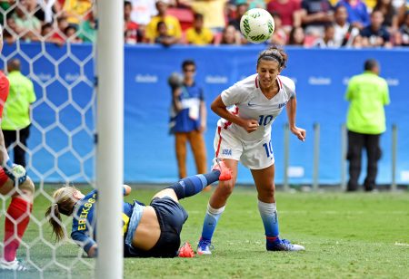 Aug 12 2016 Brasilia Brazil United States midfield Carli Lloyd heads a ball into the goal that was called a non-goal against Sweden during the women's football quarterfinals in the Rio 2016 Summer Olympic Games at Estadio Nacional Mane Garrincha