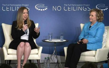 In 2014 Chelsea Clinton left cohosted a Clinton Foundation event called “Girls A No Ceilings Conversation,” with her mother Hillary Clinton