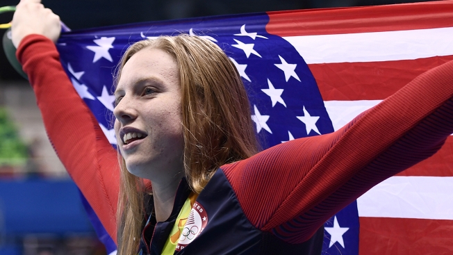 U.S. swimmer Lilly King celebrates her gold win in the 100-meter breaststroke Monday.   Getty Images