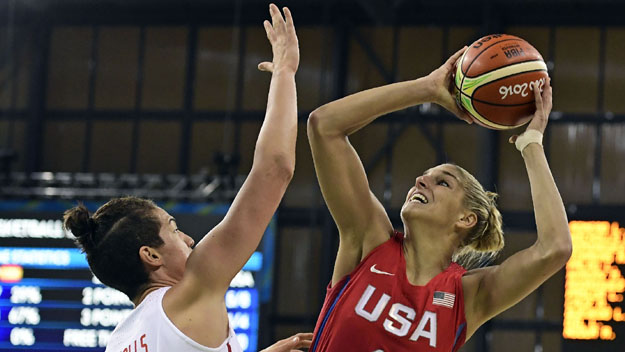 USA's Elena Delle Donne looks to shoot against Spain's Laura Nicholls during their game at the Olympics in Rio de Janeiro on Aug. 8 2016