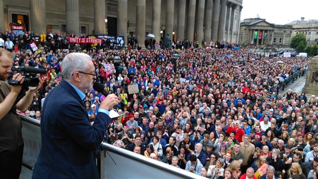 UK Labour Party leader Jeremy Corbyn addressing thousands of his supporters in Liverpool England