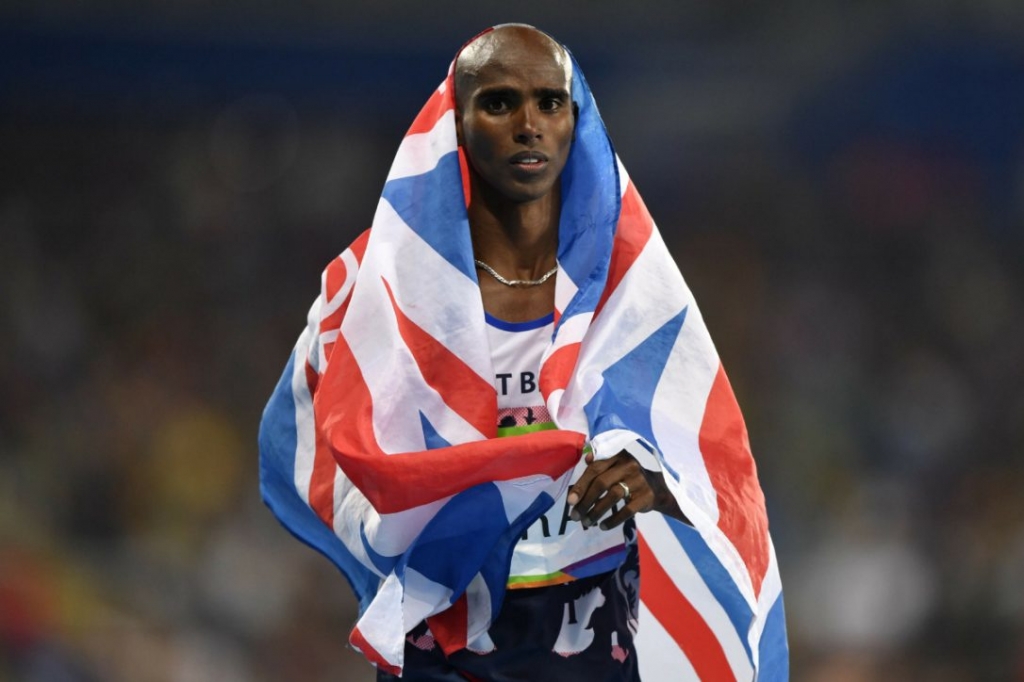 Britain's Mo Farah celebrates winning the men's 10,000-metre event in Rio on Saturday. up for the legendary racer is the 5,000 on Saturday