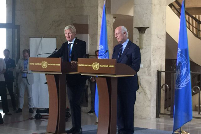 UN Special Envoy for Syria Staffan de Mistura and UN Senior Advisor Jan Egeland brief the press in Geneva. UN