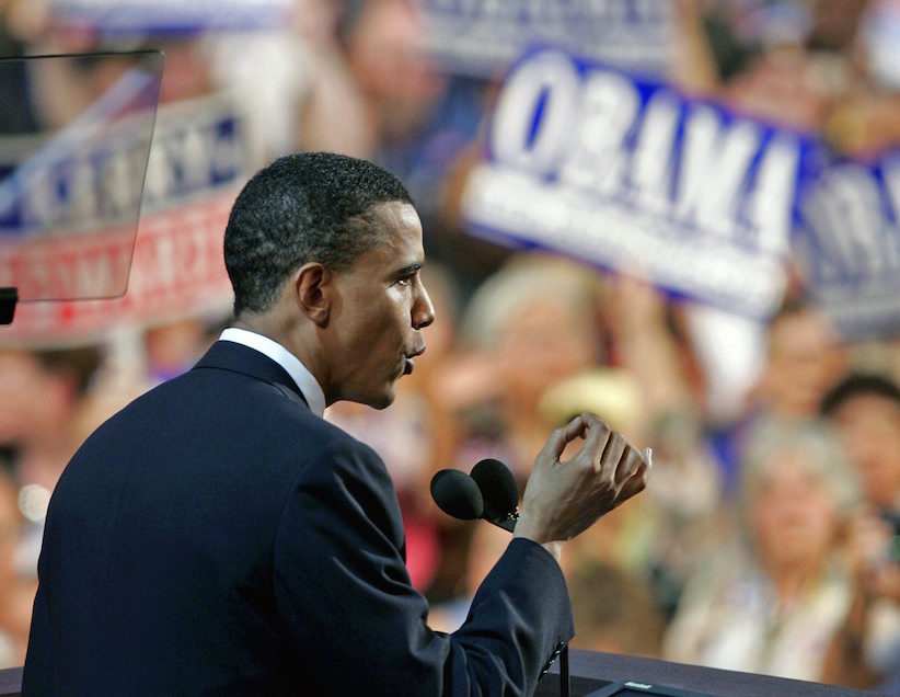 Barack Obama speaks to delegates during the Democratic National Convention in Boston in this