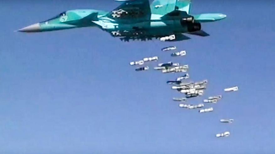 In this frame grab provided by Russian Defence Ministry press service shows a Russian combat fighter bomber Su-34 flies during an air strike over Syria on Thursday Aug. 18 2016. The Russian defense ministry said in a statement Friday it never targets