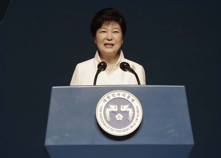 South Korean President Park Geun Hye delivers a speech on Korean Liberation Day at Seong Cultural Center in Seoul