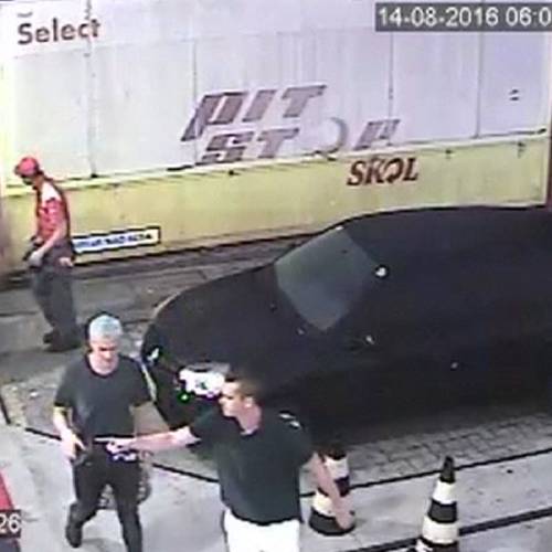 Sunday Aug. 14 2016 frame from surveillance video released byÃ‚Â Brazil Police swimmerÃ‚Â Ryan Lochte second from right of the United States and teammates appear at a gasÃ‚Â station during the 2016 Summer Olym