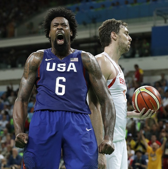 United States&#039 Kevin Durant left reacts in front of Spain's Rudy Fernandez right during a semifinal round basketball game at the 2016 Summer Olympics in Rio de Janeiro Brazil Friday Aug. 19 2016