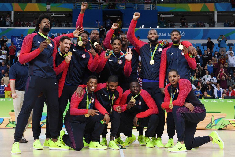 Gold medallists USA's forward Jimmy Butler USA's guard Kevin Durant USA's centre De Andre Jordan USA's guard Kyle Lowry USA's forward Harrison Barnes USA's guard Demar Derozan USA's guard Kyrie Irving USA's guard Klay Thompson USA's centre DeMarcus