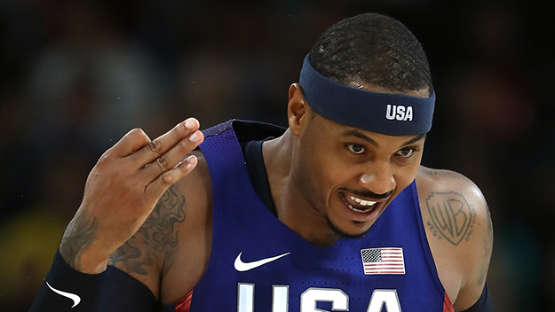 Carmelo Anthony of the United States reacts during a preliminary round basketball game between Australia and the United States on Day 5 of the Rio 2016 Olympic Games at Carioca Arena 1