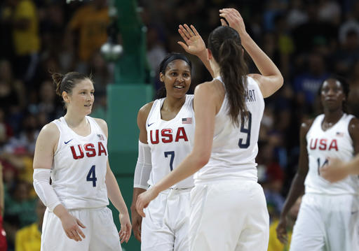 United States Lindsay Whalen and Maya Moore celebrates with teammate United States Breanna Stewart during a women's gold medal basketball game against Spain at the 2016 Summer Olympics in Rio de Janeiro Brazil Satur