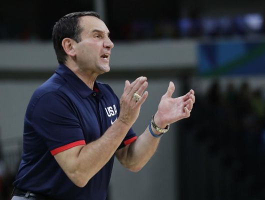 United States head coach Mike Krzyzewski shouts from