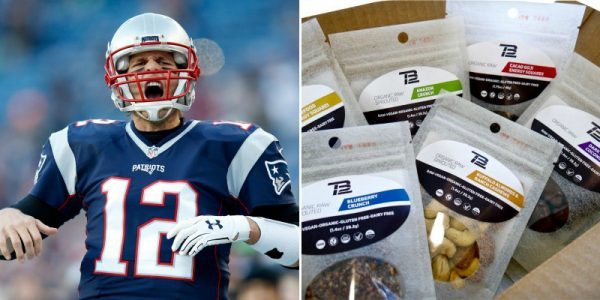 Jan 16 2016 Foxborough MA USA New England Patriots quarterback Tom Brady reacts before the game against the Kansas City Chiefs in the AFC Divisional round playoff game at Gillette Stadium and a still shot of a box of Tom Brady's vegan snac