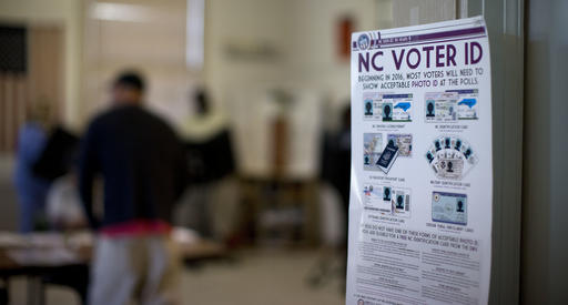 2016 shows a NC Voter ID rules posted at the door of the voting station at the Alamance Fire Station in Greensboro N.C. A federal appeals court on Friday