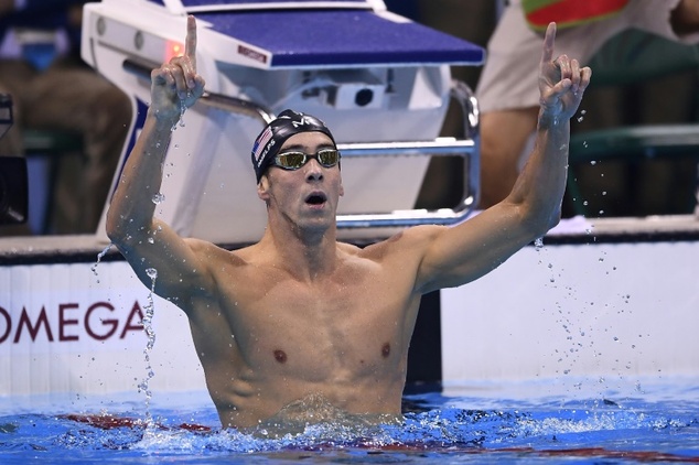 USA's Michael Phelps celebrates after winning the 200m Butterfly Final at the Rio 2016 Olympic Games on August 9