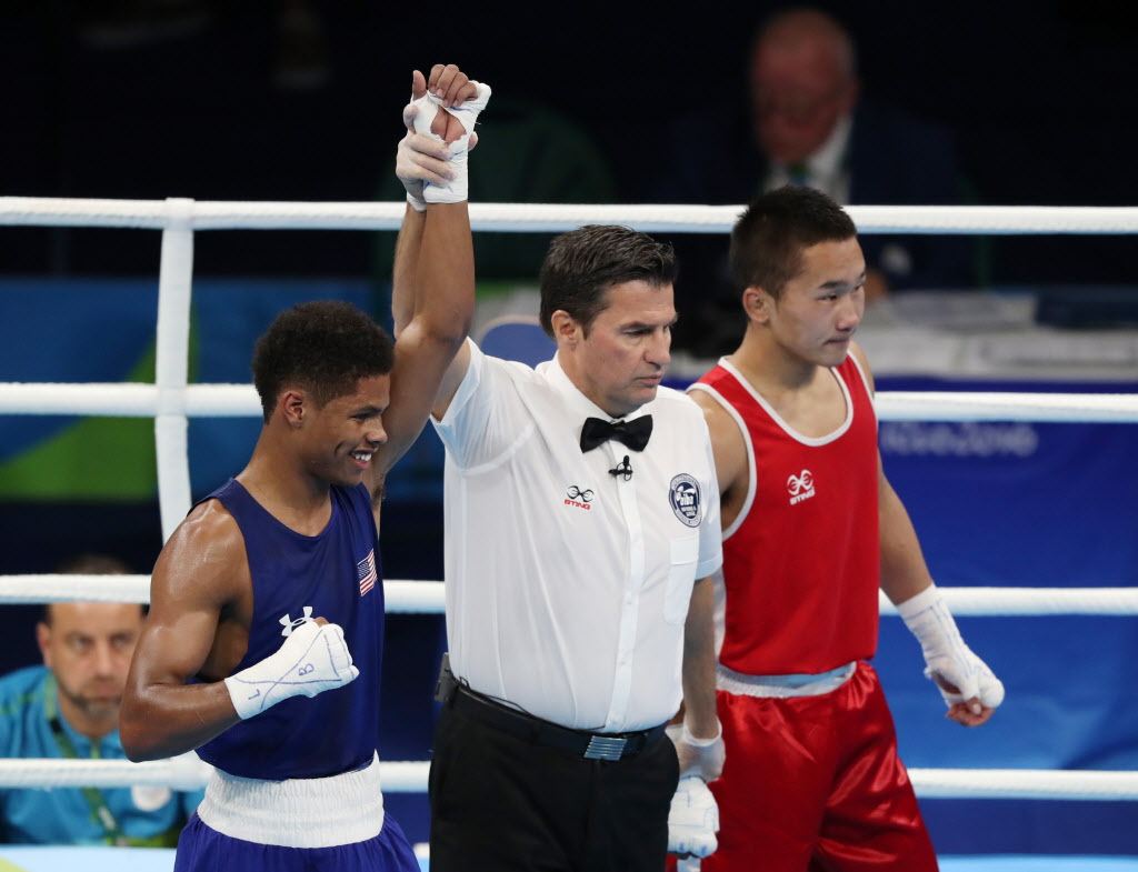 Aug 16 2016 Rio de Janeiro Brazil Tsendbaatar Erdenebat fights Shakur Stevenson in a men's bantamweight quarterfinal bout at Riocentro- Pavilion 6 during the Rio 2016 Summer Olympic Games. Mandatory Credit Jason Getz-USA