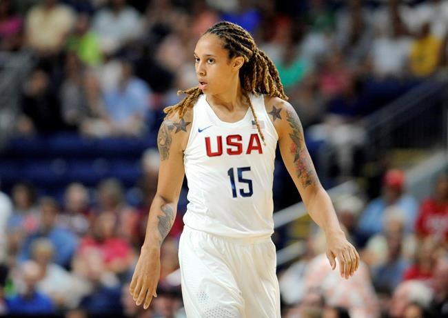 United States&#39 Brittney Griner walks on the court during the first half of a women's exhibition basketball game in Bridgeport Conn. Griner and the the U.S. women's basketball team begin its Olympic