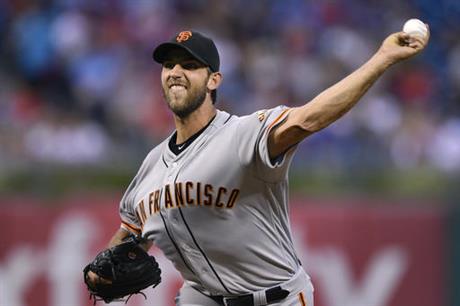 San Francisco Giants starting pitcher Madison Bumgarner throws during the third inning of a baseball game against the Philadelphia Phillies Tuesday Aug. 2 2016 in Philadelphia