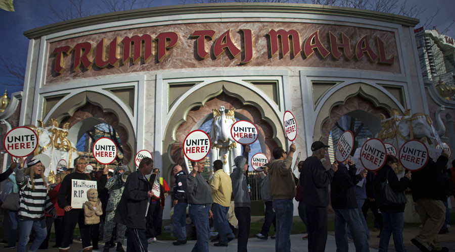 Union members from UNITE HERE Local 54 rally outside the Trump Taj Mahal Casino in Atlantic City New Jersey. File