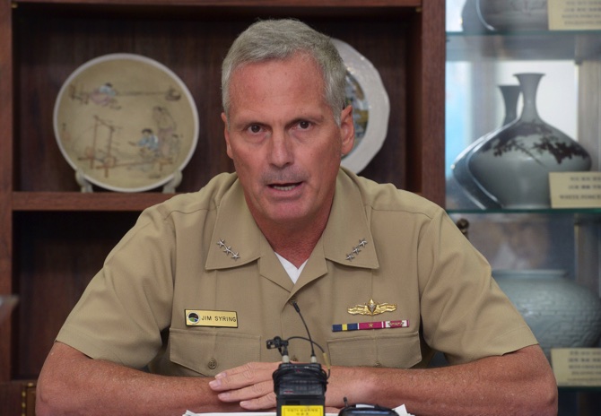 Vice Adm. James D. Syring director of the Missile Defense Agency speaks to the media at the Defense Ministry in Seoul South Korea Thursday Aug. 11 2016. Syring on Thursday said an advanced U.S. missile defense system that is to be deployed in South