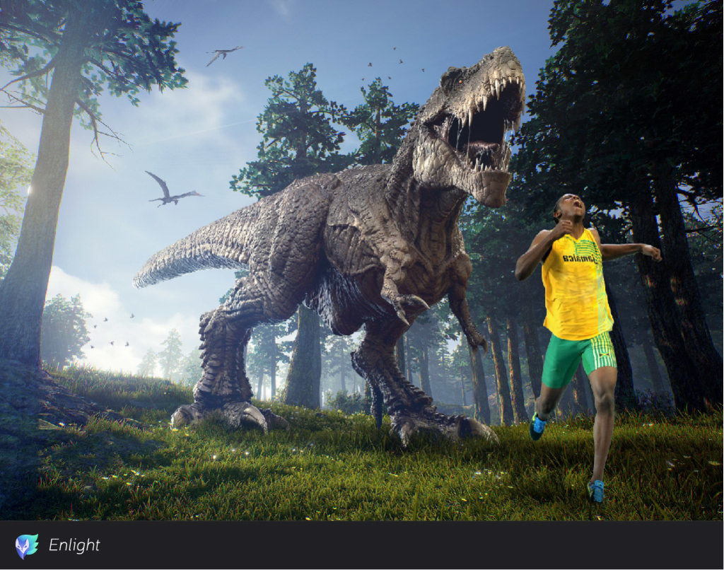 Usain Bolt runs away from a T-Rex