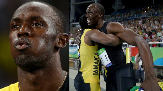 Usain Bolt of Jamaica celebrates with teammates Asafa Powell Yohan Blake and Nickel Ashmeade after they won the Men's 4 x 100m Relay Final on Day 14 of the Rio 2016 Olympic Games at the Olympic Stadium