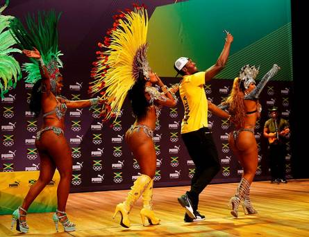 2016 Rio Olympics- Athletics- Rio de Janeiro Brazil- 08/08/2016. Usain Bolt dances samba at a press conference. REUTERS  Nacho Doce FOR EDITORIAL USE ONLY. NOT FOR SALE FOR MARKETING OR ADVERTISING CAMPAIGNS