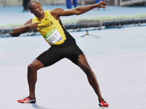 Usain Bolt's trademark celebration after winning the gold in men's 200-meter final