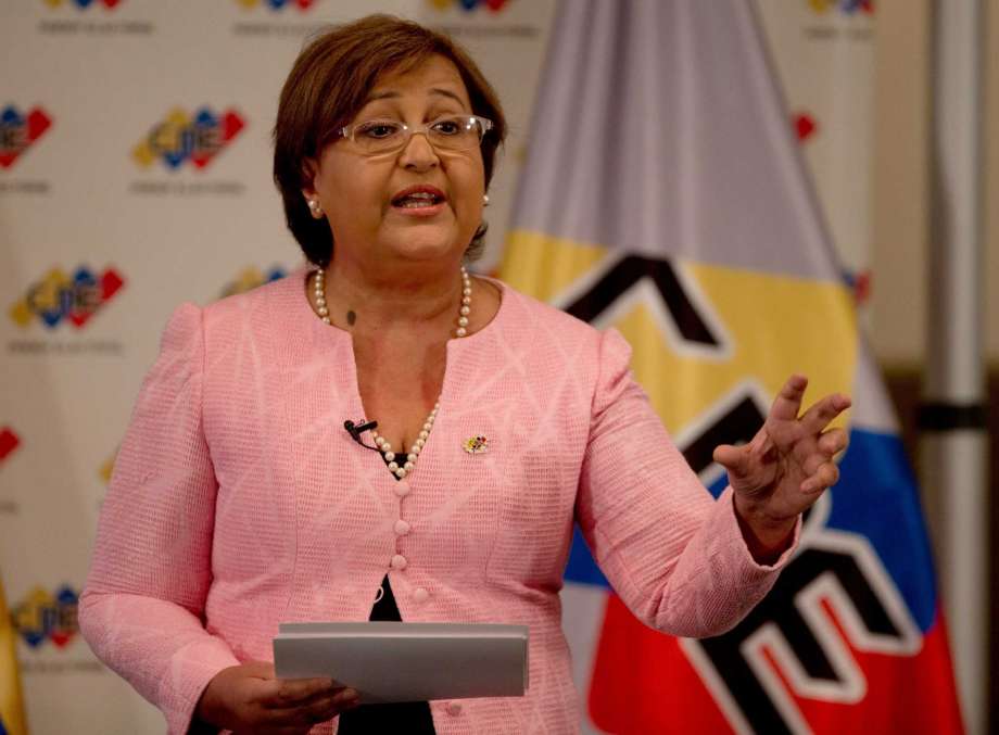 National Elections Council President Tibisay Lucena speaks during a televised nation wide speech from her office in Caracas Venezuela Tuesday Aug. 9 2016. Venezuelan elections officials have set an October date for a recall drive against President Ni