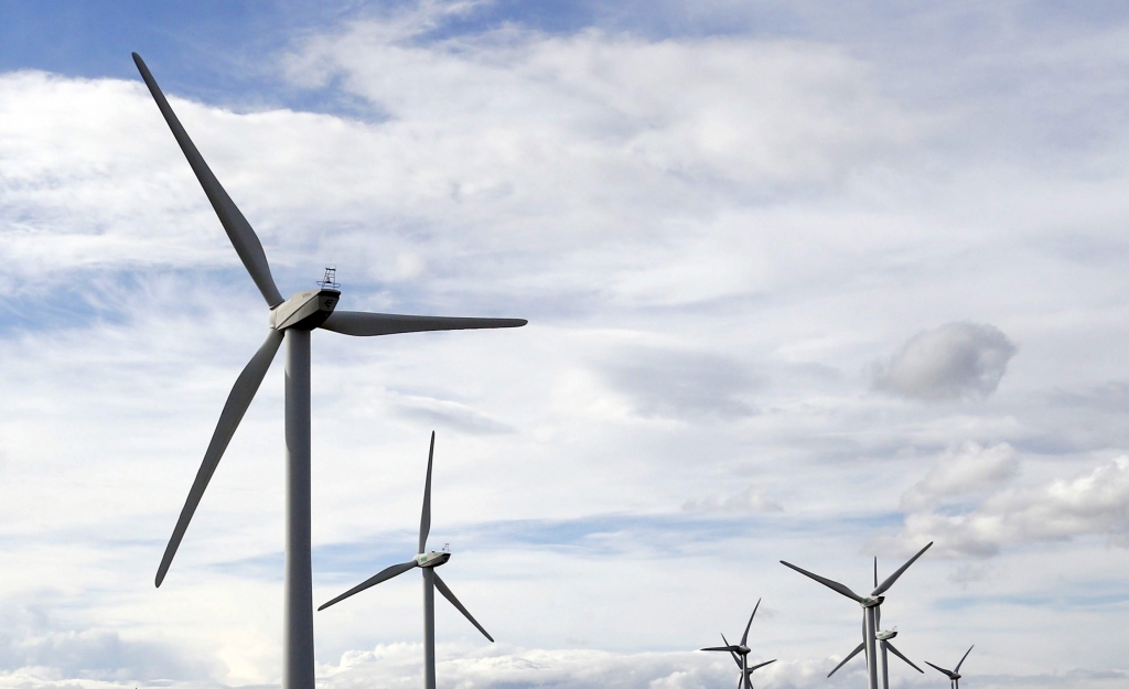 General view shows wind turbines on a slope above fields in Lezignan-Corbieres France