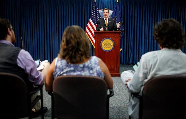 First Deputy Attorney General Bruce L. Castor Jr. speaks during a news conference in Harrisburg Pa. Tuesday Aug. 16 2016. Kathleen Kane Pennsylvania's first elected female attorney general announced her resignation Tuesday a day after being con