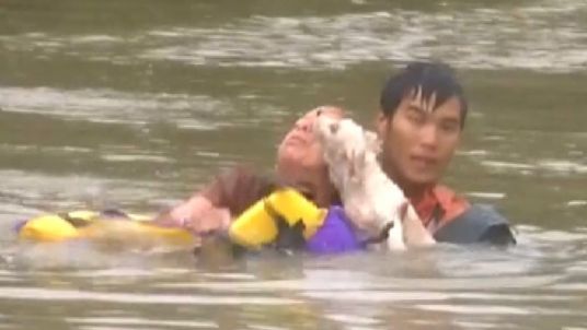 A drowning woman and her dog are pulled from a submerged car in the nick of time