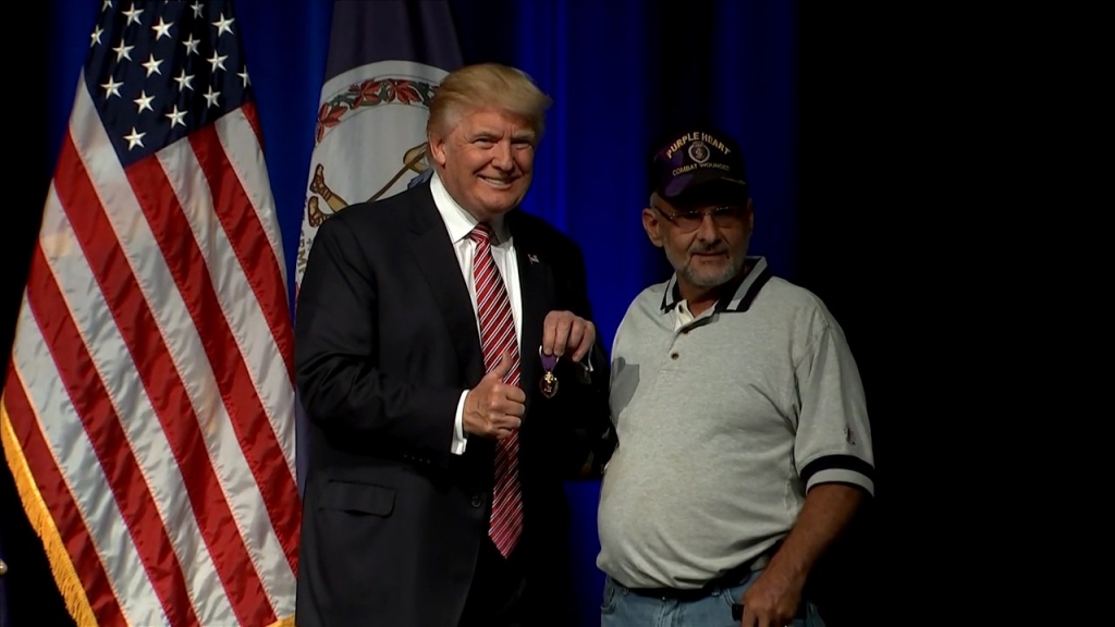 Veteran gives Donald Trump Purple Heart at VA campaign rally