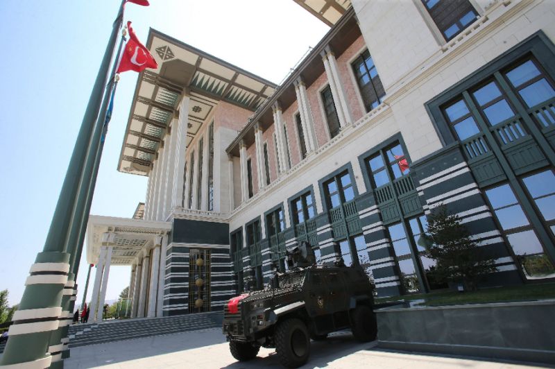 A Turkish special forces police car stands guard at the entrance of the Presidential Palace in Ankara