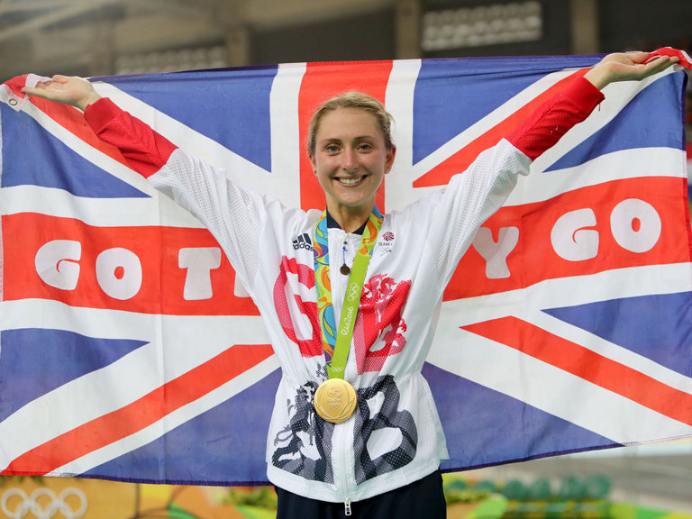 Great Britain's Laura Trott on the podium after winning gold in the omnium