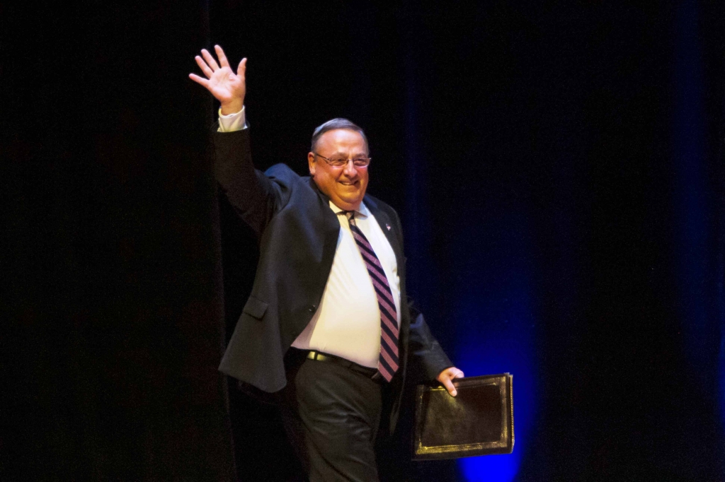 PORTLAND ME- AUGUST 04 Maine Governor Paul LePage  greets the crowd before Republican Presidential candidate Donald Trump speaks at the Merrill Auditorium