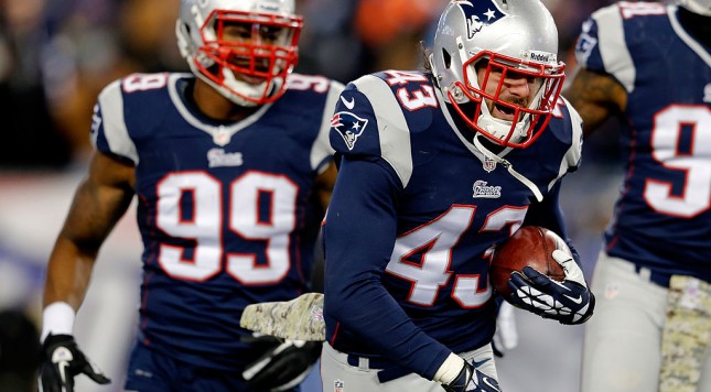 FOXBORO MA- NOVEMBER 24 Defensive back Nate Ebner #43 of the New England Patriots recovers a loose punt in the fourth quarter against the Denver Broncos during a game at Gillette Stadium