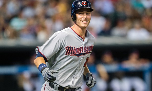 CLEVELAND OH- AUGUST 1 Max Kepler #26 of the Minnesota Twins celebrates as he round the bases after hitting his third two run home run for the night during the sixth inning against the Cleveland Indians at Progressive Field