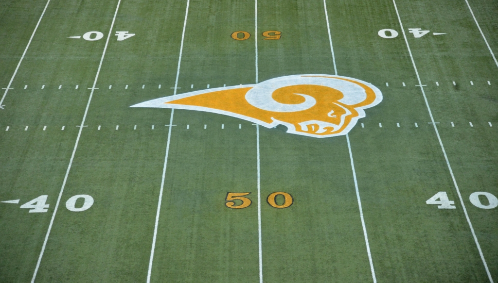 Dec 17 2015 St. Louis MO USA General view of the St. Louis Rams logo at midfield during an NFL football game against the Tampa Bay Buccaneers at the Edward Jones Dome. The facility has served as the home of the St. Louis Rams since the move of the