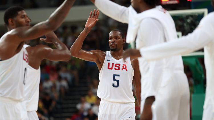 Aug 17 2016 Rio de Janeiro Brazil USA forward Kevin Durant celebrates against Argentina during the men's basketball quarterfinals in the Rio 2016 Summer Olympic Games at Carioca Arena 1. Mandatory Credit Jeff Swinger-USA TODAY Sports (Jeffre